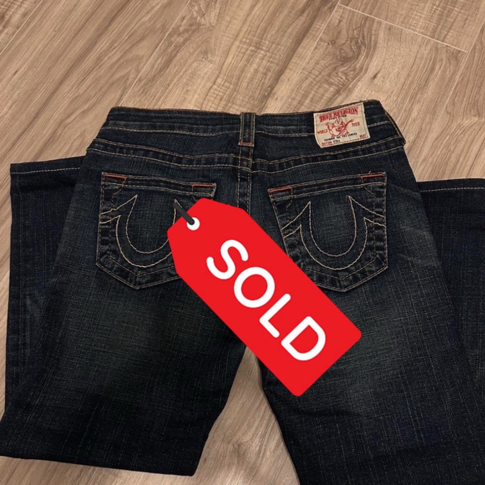 True Religion Low Rise Bootcut Jeans Size 28 Dark Wash Red Stitching